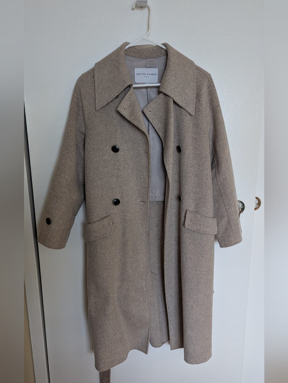 Petite Studio Belted Long Wool Coat (Oatmeal)